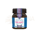 Ein braunes glas mit schwarzem deckel und blauem etikett mad honey nepal von mana shop mit ornamente