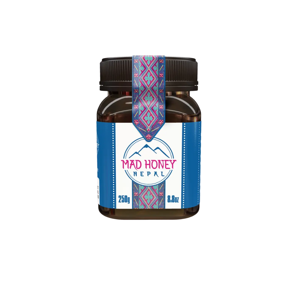 Honig aus Nepal von Mad Honey Nepal in 250 g, natürliches Nahrungsergänzungsmittel mit cremiger Textur, in Glasbehälter.