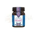 Ein dunkelbernsteinfarbenes glasgefäß mit schwarzem gewindedeckel und dekorativem etikett mad honey nepal himalayan cliff honey