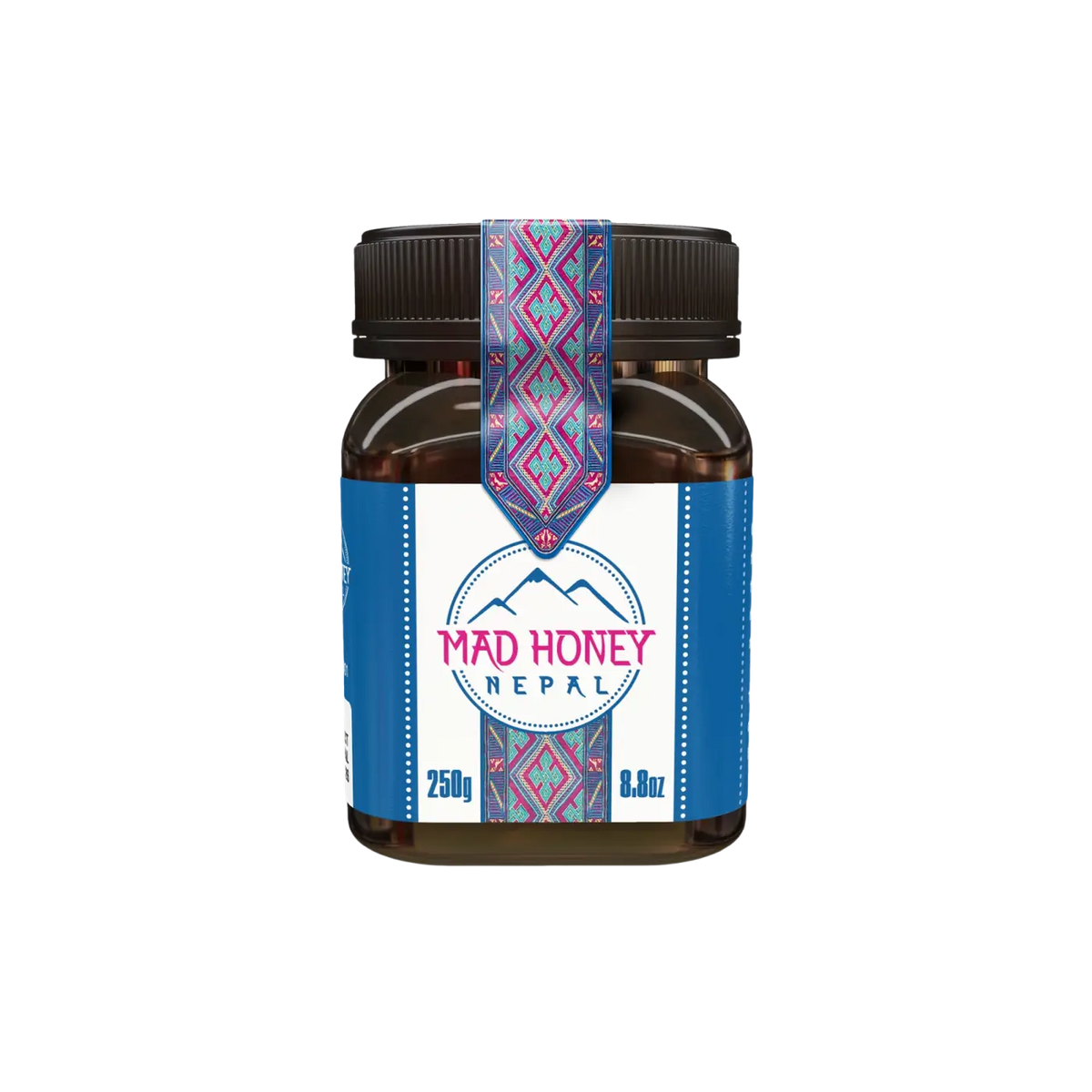 Dunkelbraune Mad Honey Nepal Nahrungsergänzungsmittel 250 g, Glas mit Honig von Mad Honey Nepal, Nahaufnahme