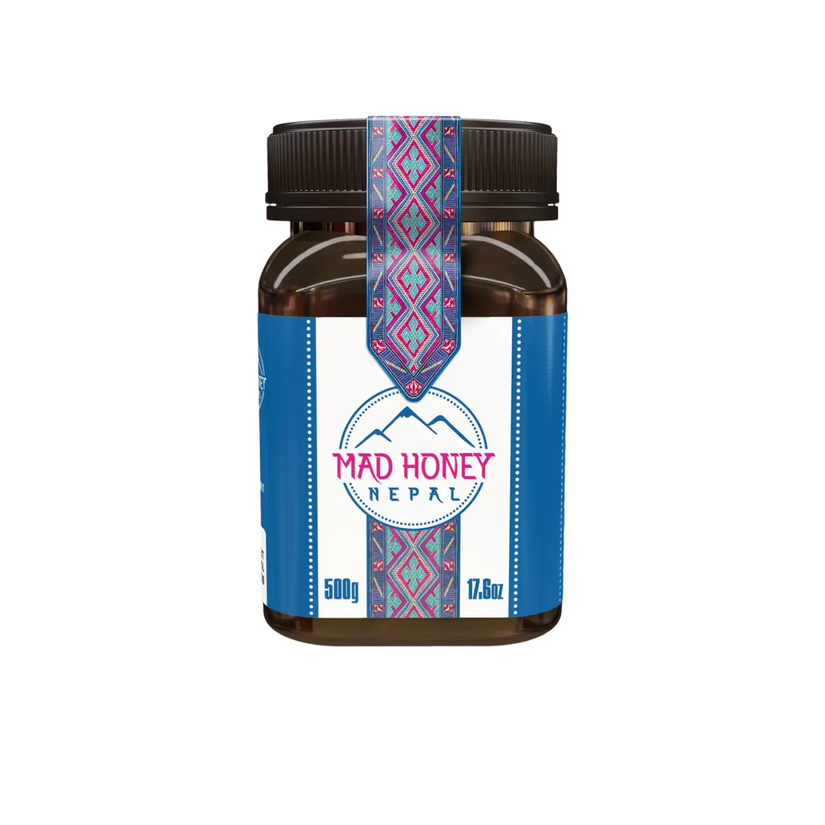Mad Honey Nepal Nahrungsergänzungsmittel in braunem Glasbehälter, 500 g, dunkle Flasche mit schwarzem Deckel