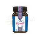Braunes glasgefäß mit schwarzem geriffeltem deckel und blauem etikett mad honey nepal traditionell geernteter honig
