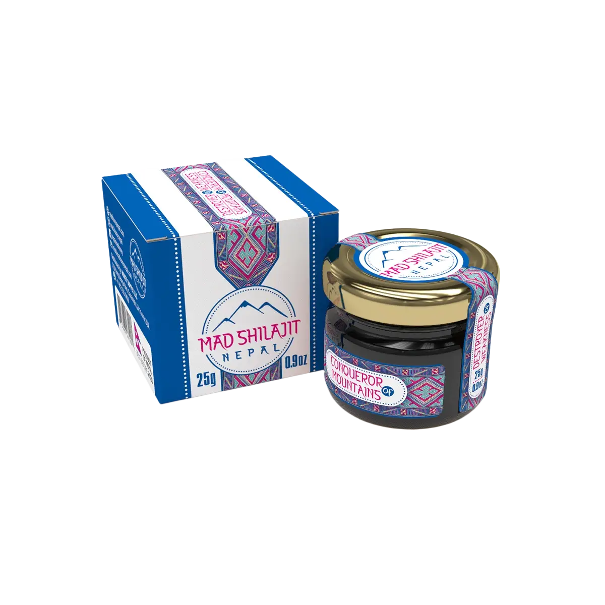 Glasgefäß mit Mad Honey Nepal Mad Shilajit 25 g Nahrungsergänzungsmittel, dunkle Paste in transparentem Behälter