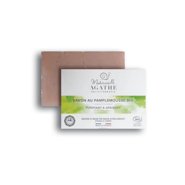 Mademoiselle Agathe Bio-Grapefruitseife, eine natürliche Seife mit reinigenden und beruhigenden Eigenschaften, in einer stilvollen Verpackung