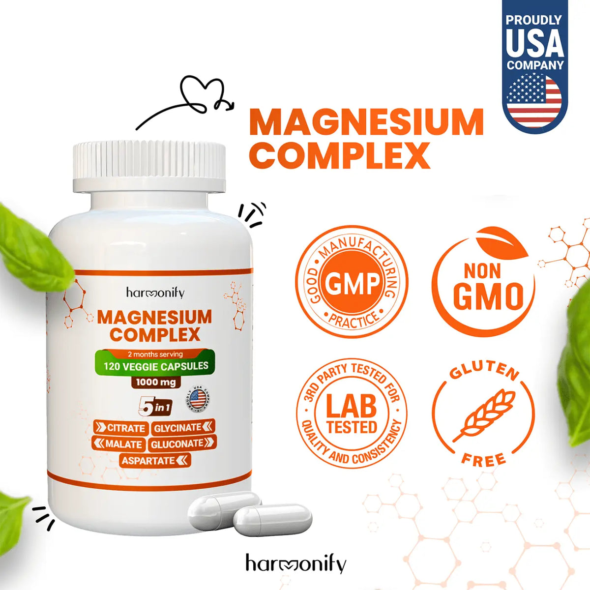 HARMONIFY Magnesium 5 in 1 Komplex, 1000 mg, Glycinat, Nahrungsergänzung, Kapseln auf weißem Hintergrund