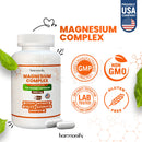 Weiße plastikflasche harmonify magnesium 5 in 1 komplex mit 120 veggie kapseln und magnesium glycinate labeling