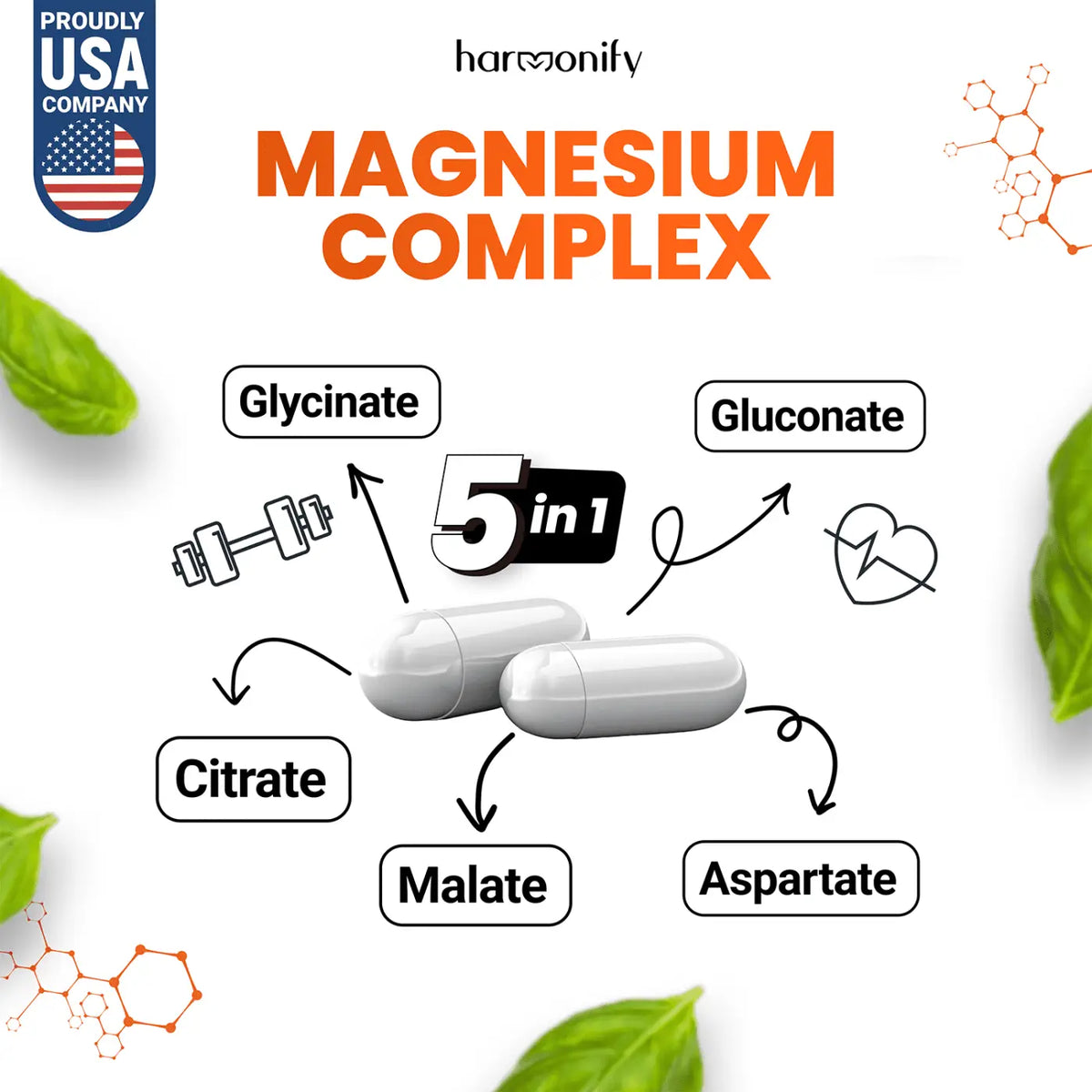 HARMONIFY Magnesium 5 in 1 Komplex, 1000 mg Glycinat, Nahrungsergänzung, Tabletten in einer Dose