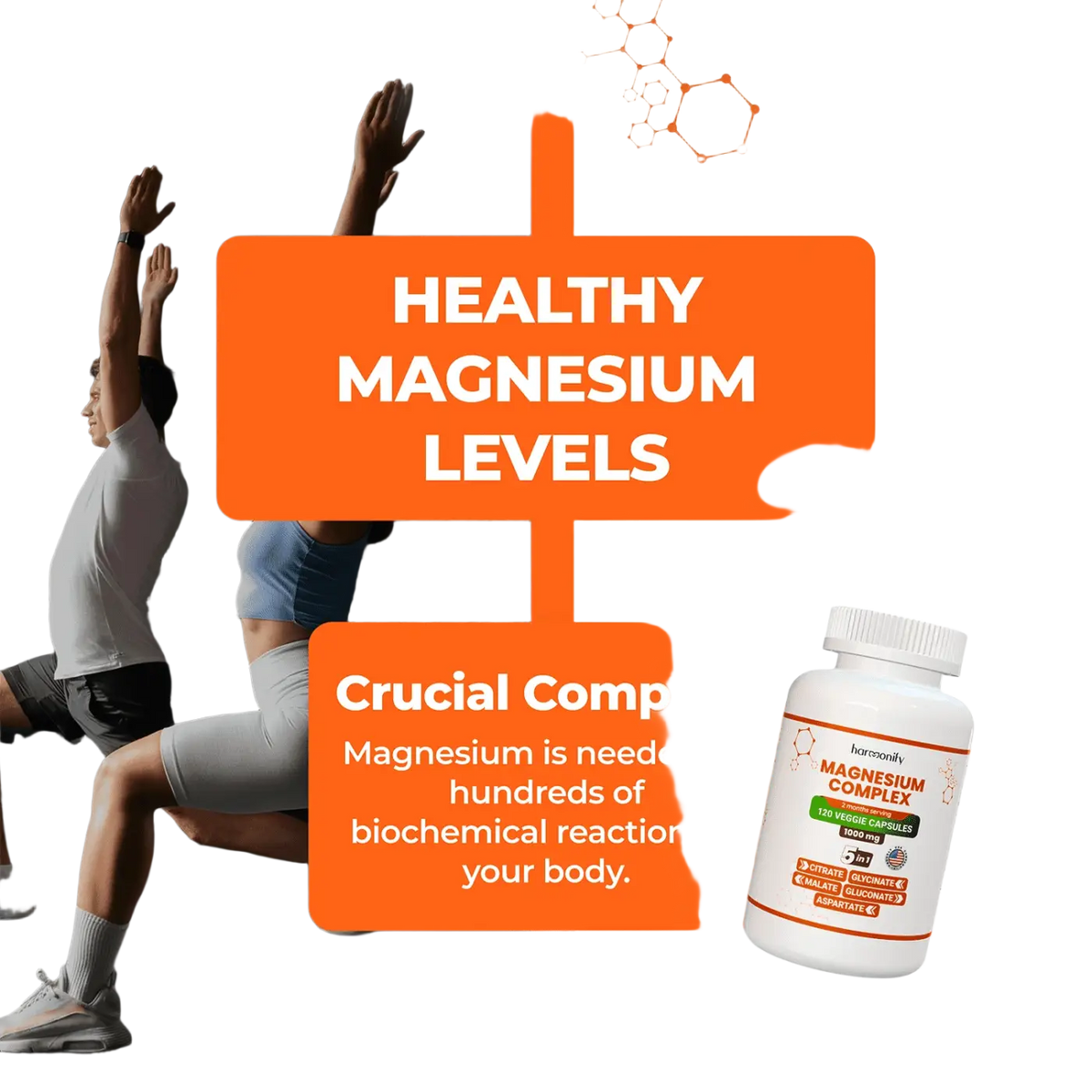 HARMONIFY Magnesium 5 in 1 Komplex, 1000 mg, Glycinat, Nahrungsergänzung, Tabletten auf weißem Hintergrund