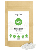 Myvial magnesium komplex kapseln in braunem beutel mit 180 veganen kapseln und weiß-grünem label