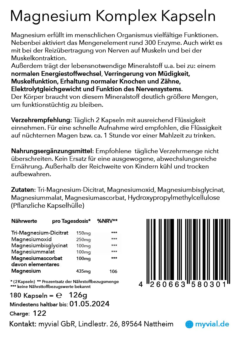 Hochdosierte vegane Magnesium-Komplex-Kapseln von myvial, 180 Stück, Nahrungsergänzung für Muskel- und Nervengesundheit