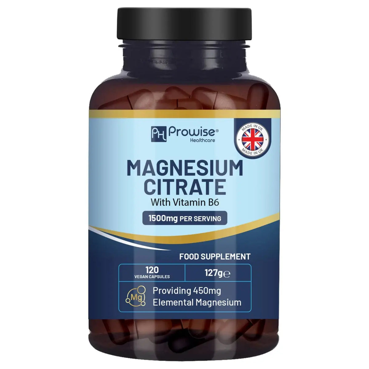 Magnesiumcitrat Kapseln 1500 mg mit Vitamin B6, Nahrungsergänzungsmittel von Prowise Healthcare, in einer offenen Packung.