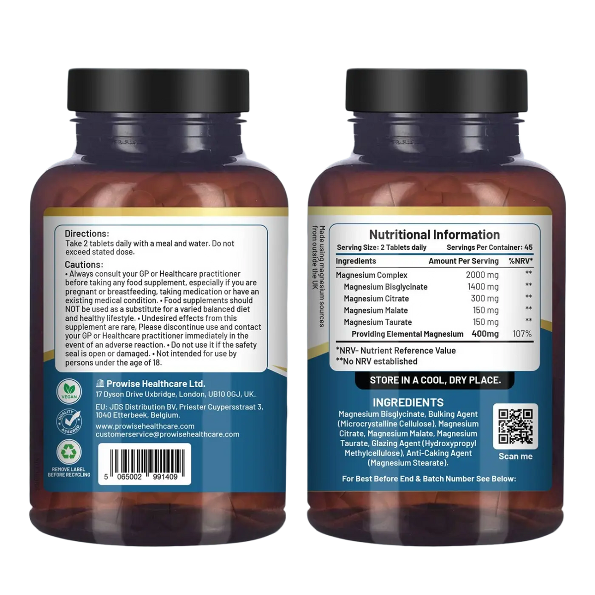 Magnesiumglycinat-Komplex von Prowise Healthcare, 4-in-1 Nahrungsergänzung, zeigt die Kapseln und das Produktlogo auf weißem Hintergrund.