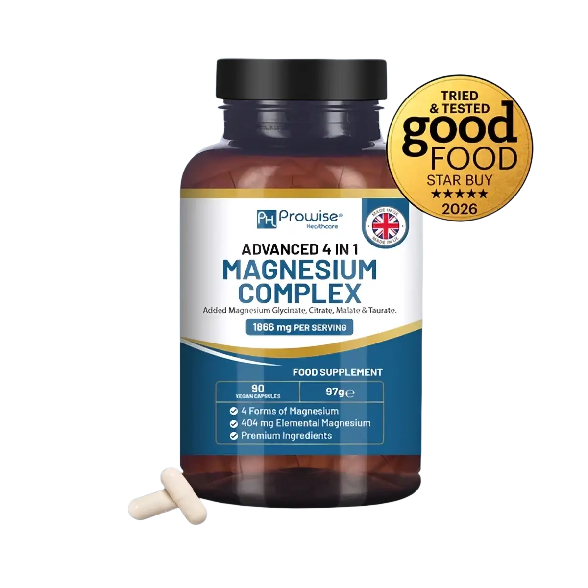 Magnesiumglycinat-Komplex von Prowise Healthcare in einer Flasche mit Tabletten, für optimale Gesundheit und Wohlbefinden.