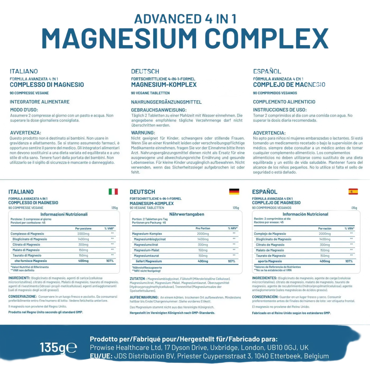 Magnesiumglycinat-Komplex von Prowise Healthcare, Nahrungsergänzungsmittel, Flasche mit Tabletten oder Kapseln, natürliche Inhaltsstoffe.