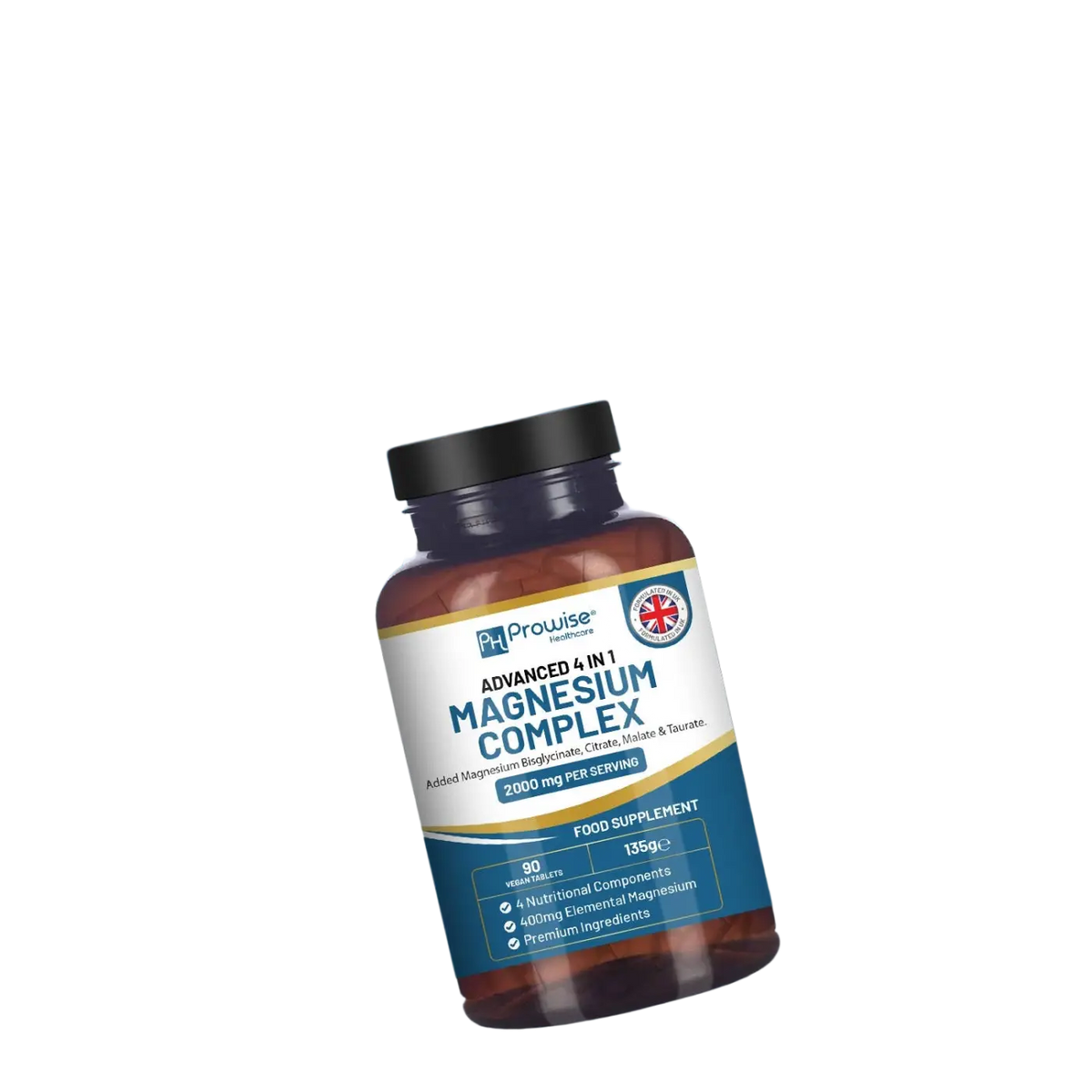 Magnesiumglycinat-Komplex von Prowise Healthcare, 4-in-1 Nahrungsergänzung in Tablettenform, zeigt die Packung und Tabletten.