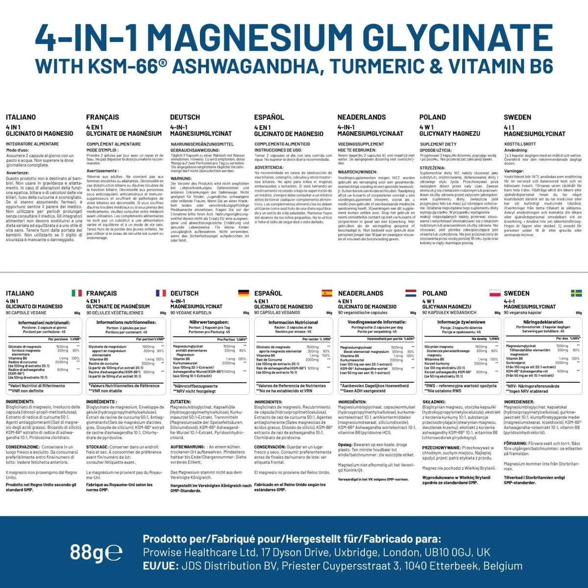 Nahrungsergänzungsmittel Prowise Healthcare Magnesiumglycinat mit Ashwagandha, Kurkuma und Vitamin B6 in Pulverform.