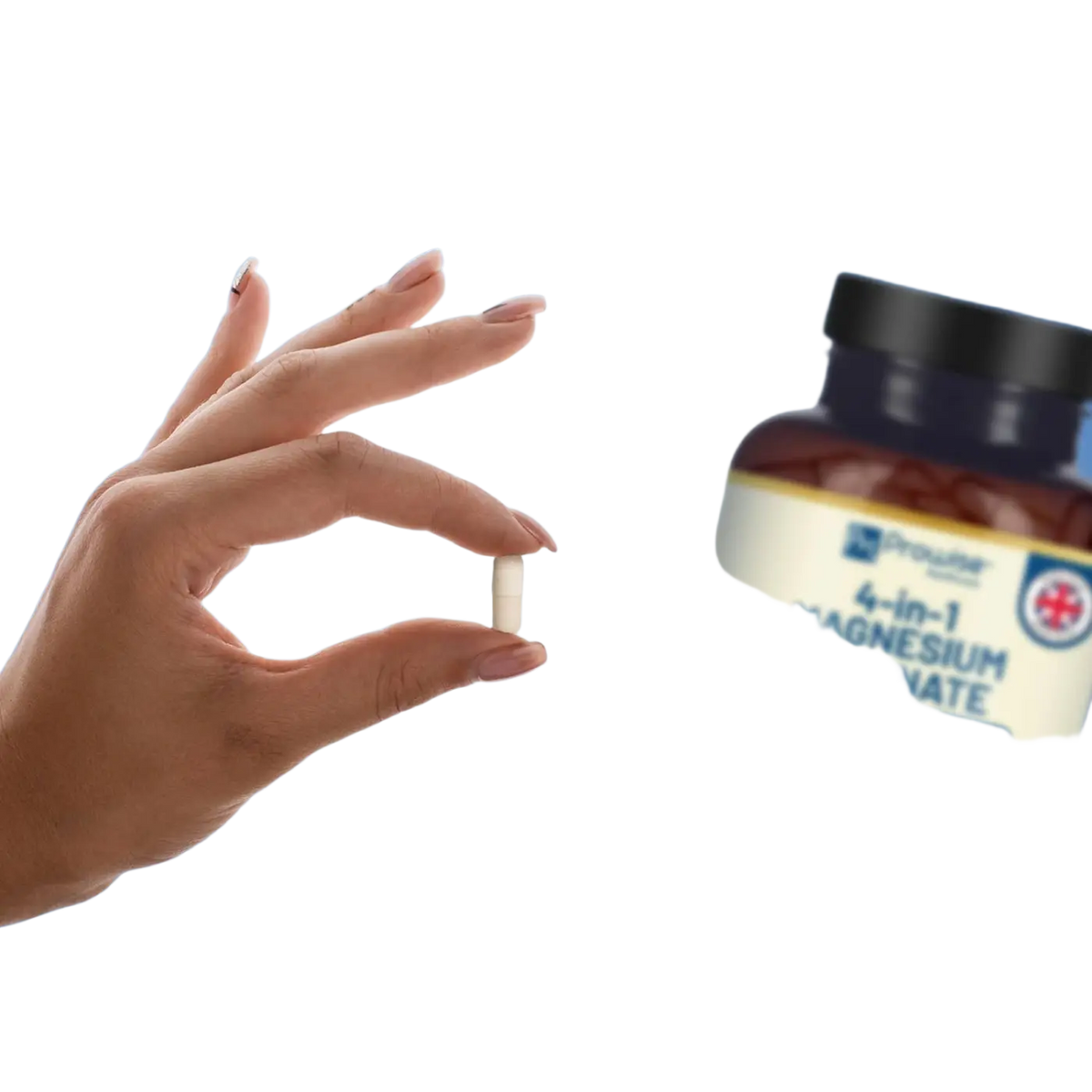 Nahrungsergänzungsmittel Prowise Healthcare Magnesiumglycinat mit Ashwagandha, Kurkuma und Vitamin B6, Tabletten auf weißem Hintergrund