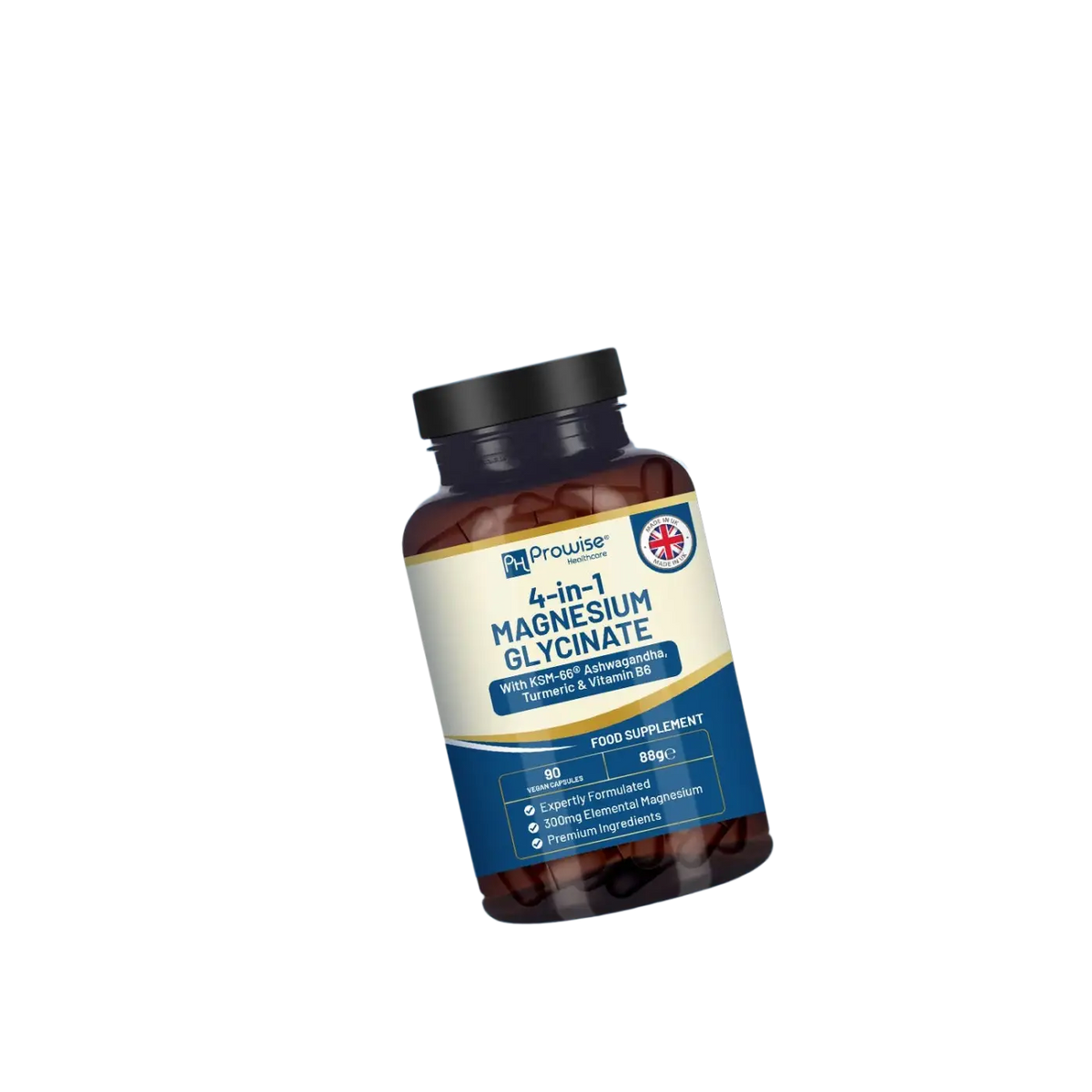 Magnesiumglycinat mit Ashwagandha, Kurkuma und Vitamin B6 als Nahrungsergänzungsmittel in einer Packung.