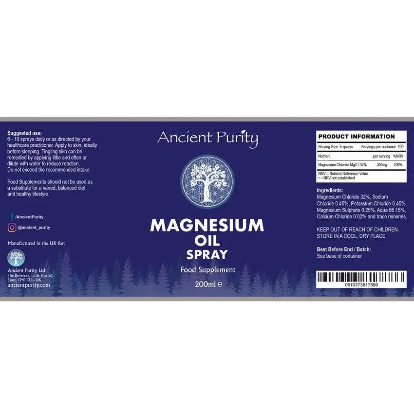 Ancient Purity Magnesiumöl Spray in 200 ml Flasche, transdermale Anwendung, für vollständige Magnesiumaufnahme, auf weißem Hintergrund