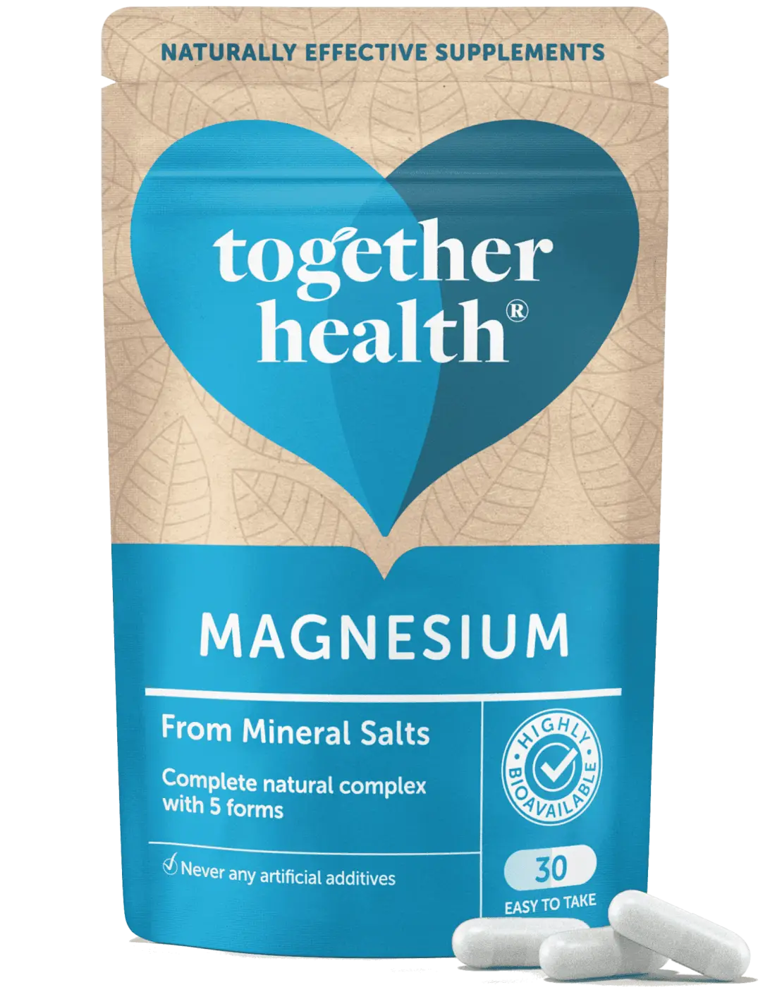Magnesiumpräparat in 30 Kapseln, Nahrungsergänzung von Together Health, zeigt die Kapseln auf weißem Hintergrund