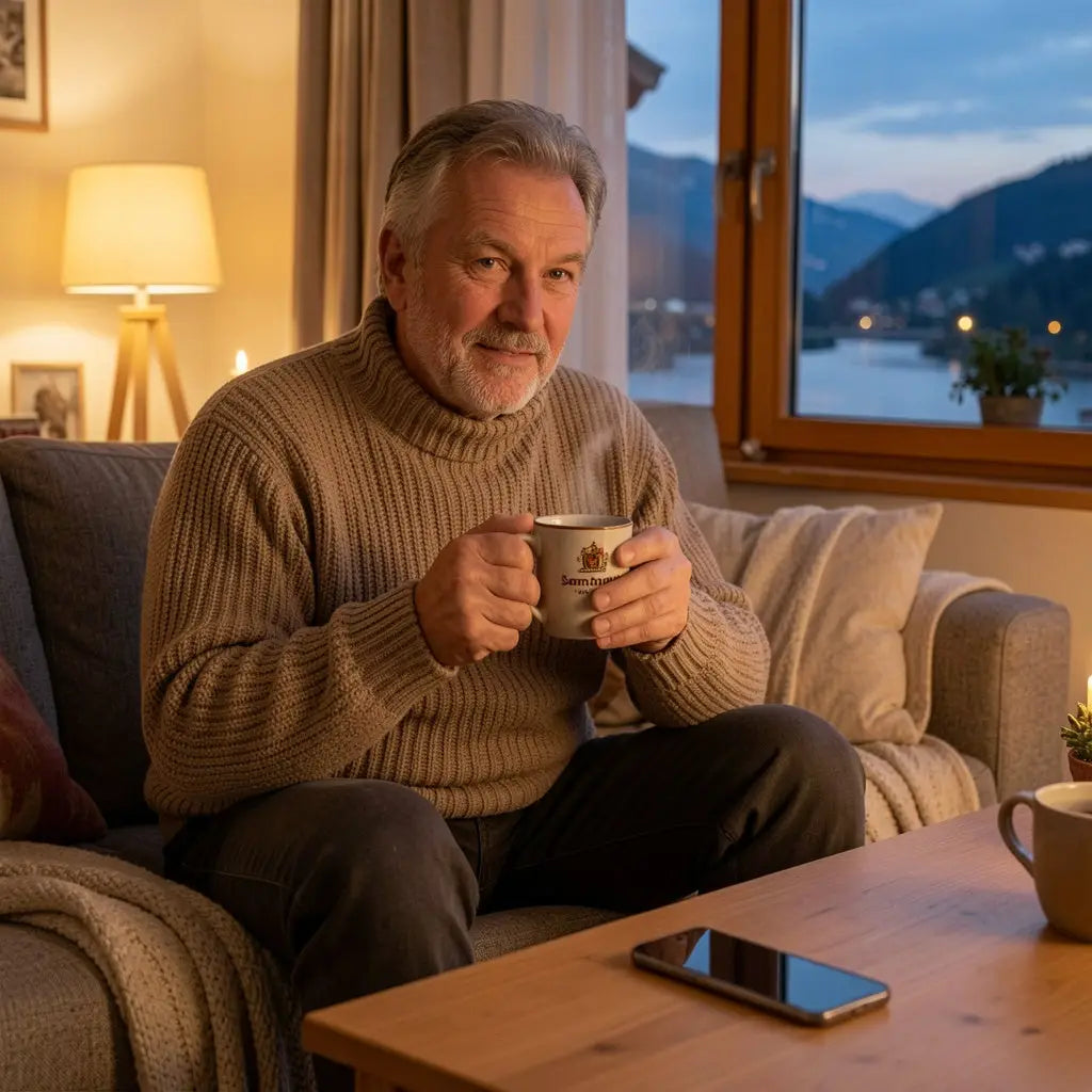 Entspannter Mann trinkt abends warmen Kräutertee ohne Smartphone