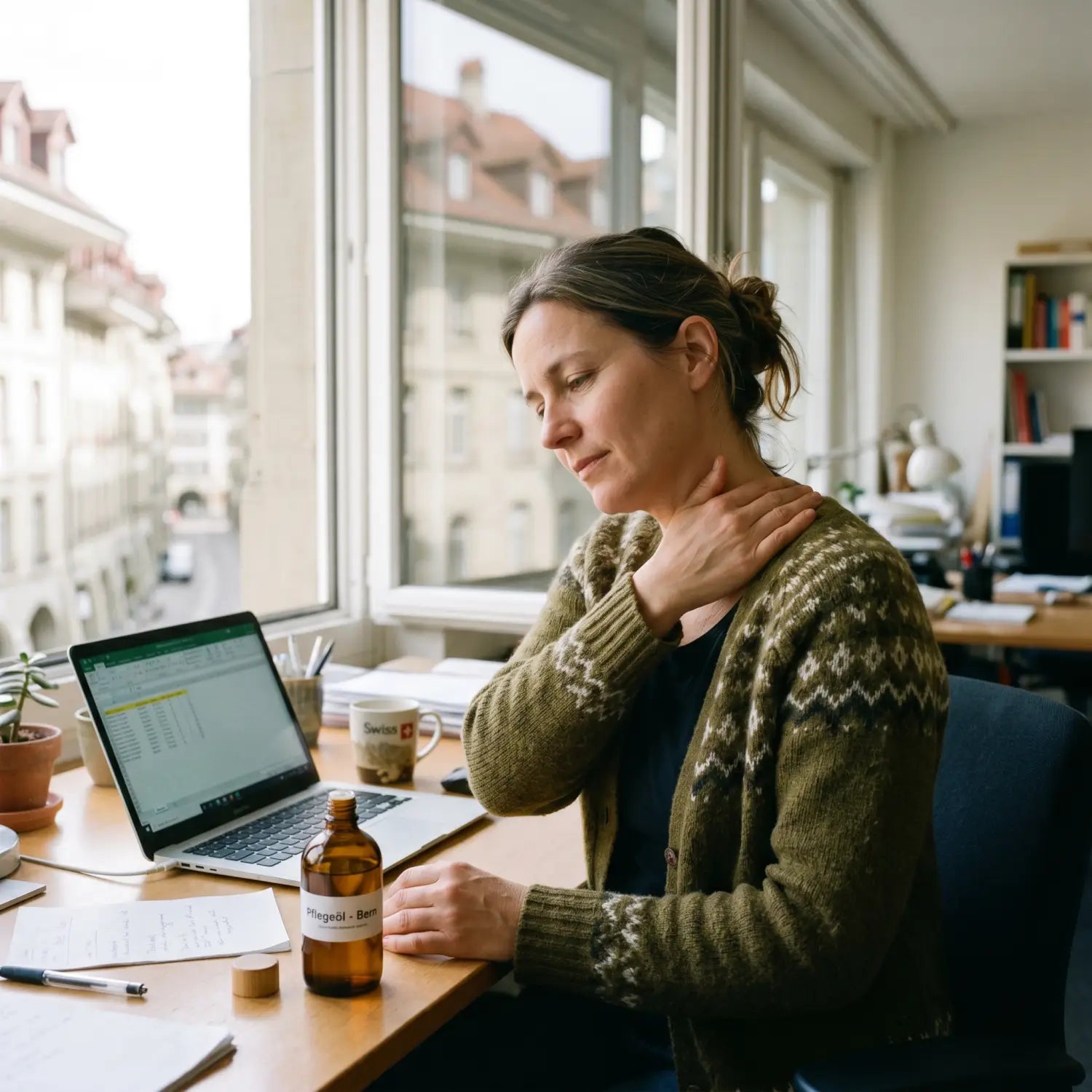 Frau macht am Schreibtisch eine kurze Nackenmassage mit Öl