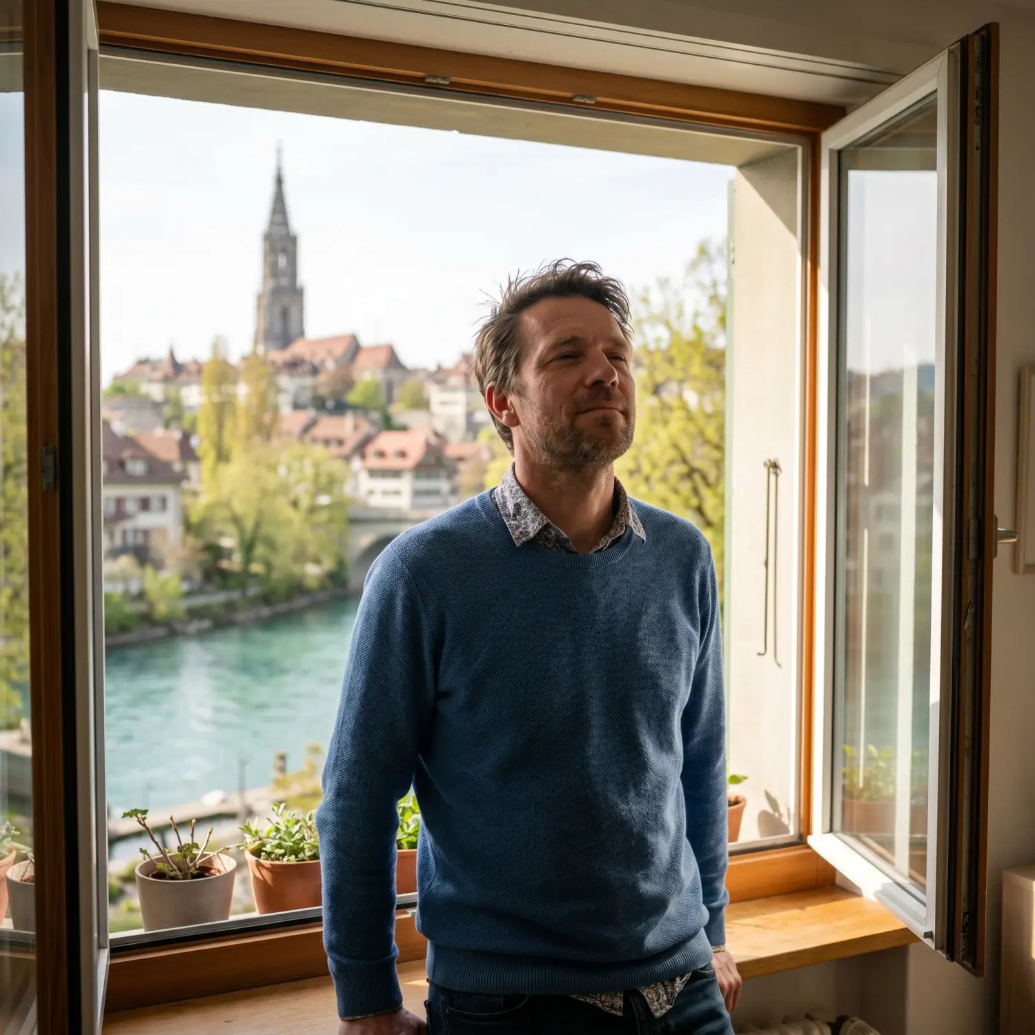 Mann atmet am offenen Fenster frische Frühlingsluft ein
