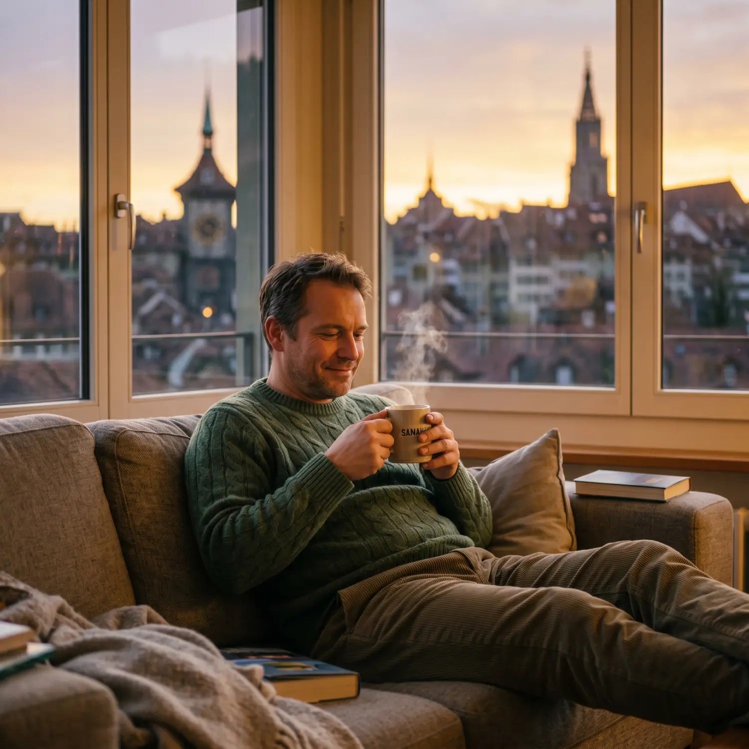 Mann entspannt sich abends mit einer dampfenden Tasse Samahan Tee