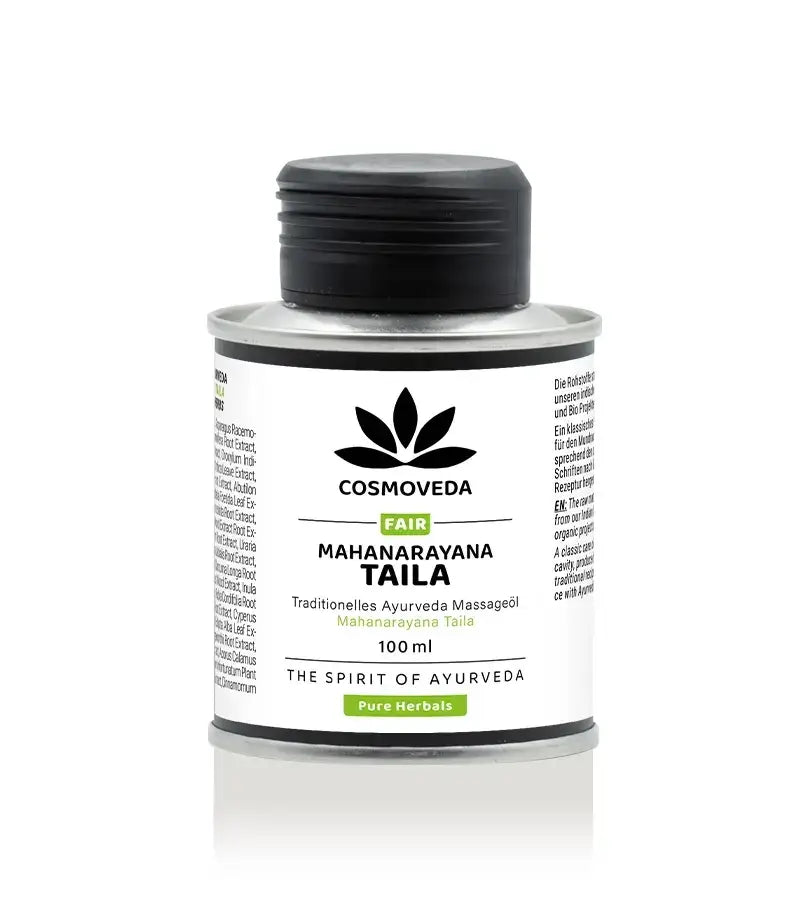 Mahanarayana Taila 100ml ayurvedisches Massageöl von Cosmoveda für Wärme, Beweglichkeit und Regeneration, Flasche mit Öl.