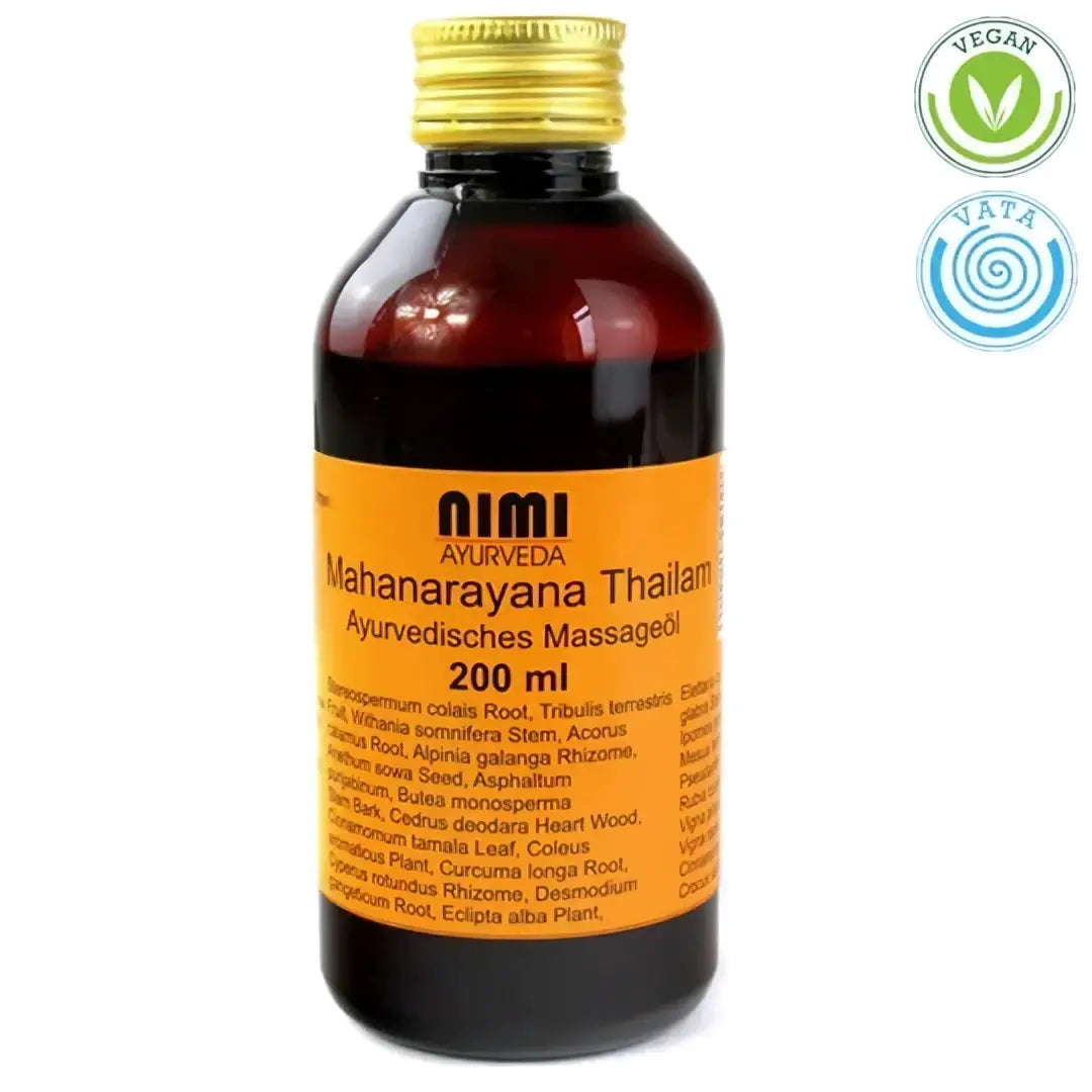 AHG Mahanarayana Thailam Nimi Massageöl bei Arthrose und Rheuma, Flasche mit ätherischem Öl, entspannende Anwendung