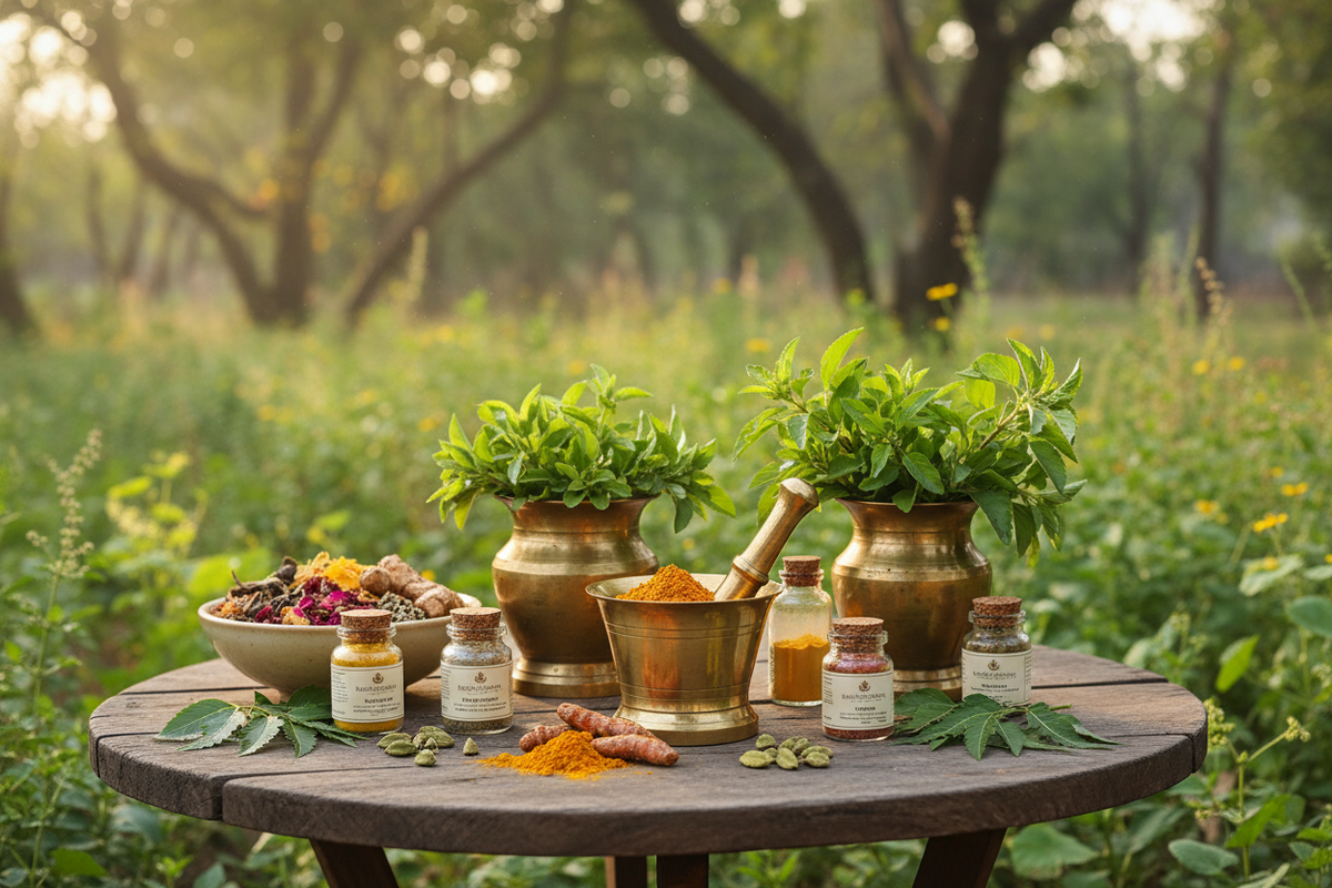Natürliche Bio-Kosmetik und ayurvedische Gewürze in Mörser auf einem Holztisch im Grünen.