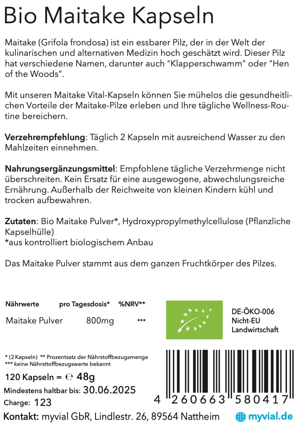 Maitake Vitalpilz aus der traditionellen Verwendung, 120 Kapseln, von myvial, Nahrungsergänzungsmittel, natürlicher Heilpilz