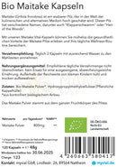 Weißer etikett mit schwarzem text grünem bio zertifizierungslogo und strichcode auf der rückseite von maitake grifola frondosa kapseln aus traditioneller verwendung im mana shop