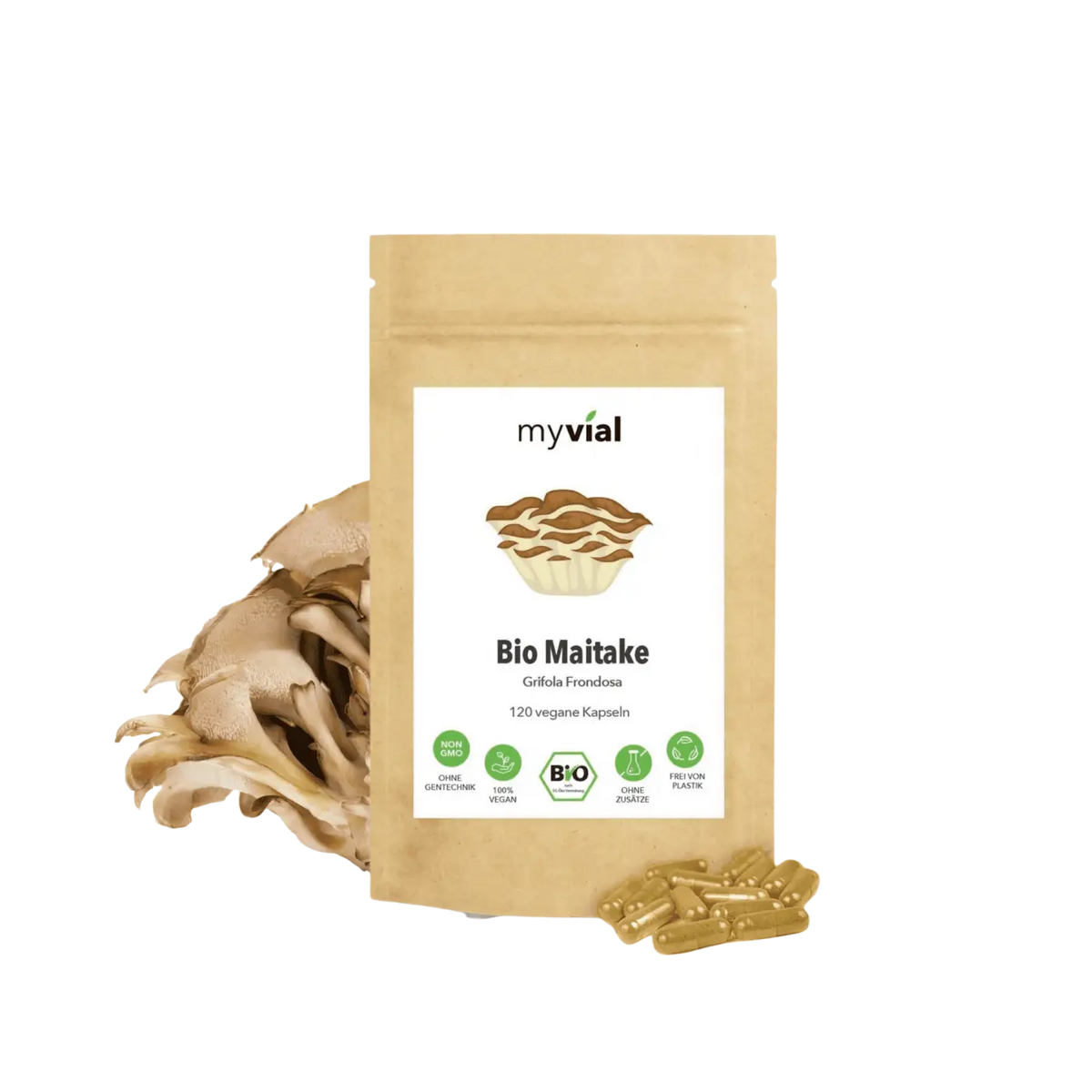 Maitake Vitalpilz aus traditioneller Verwendung, 120 Kapseln, Nahrungsergänzung von myvial, frischer Maitake-Pilz in Kapseln
