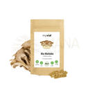 Braune kraftpapierverpackung myvial bio maitake kapseln mit weißem etiket und grünen zertifizierungszeichen grifola frondosa traditioneller verwendung mana shop