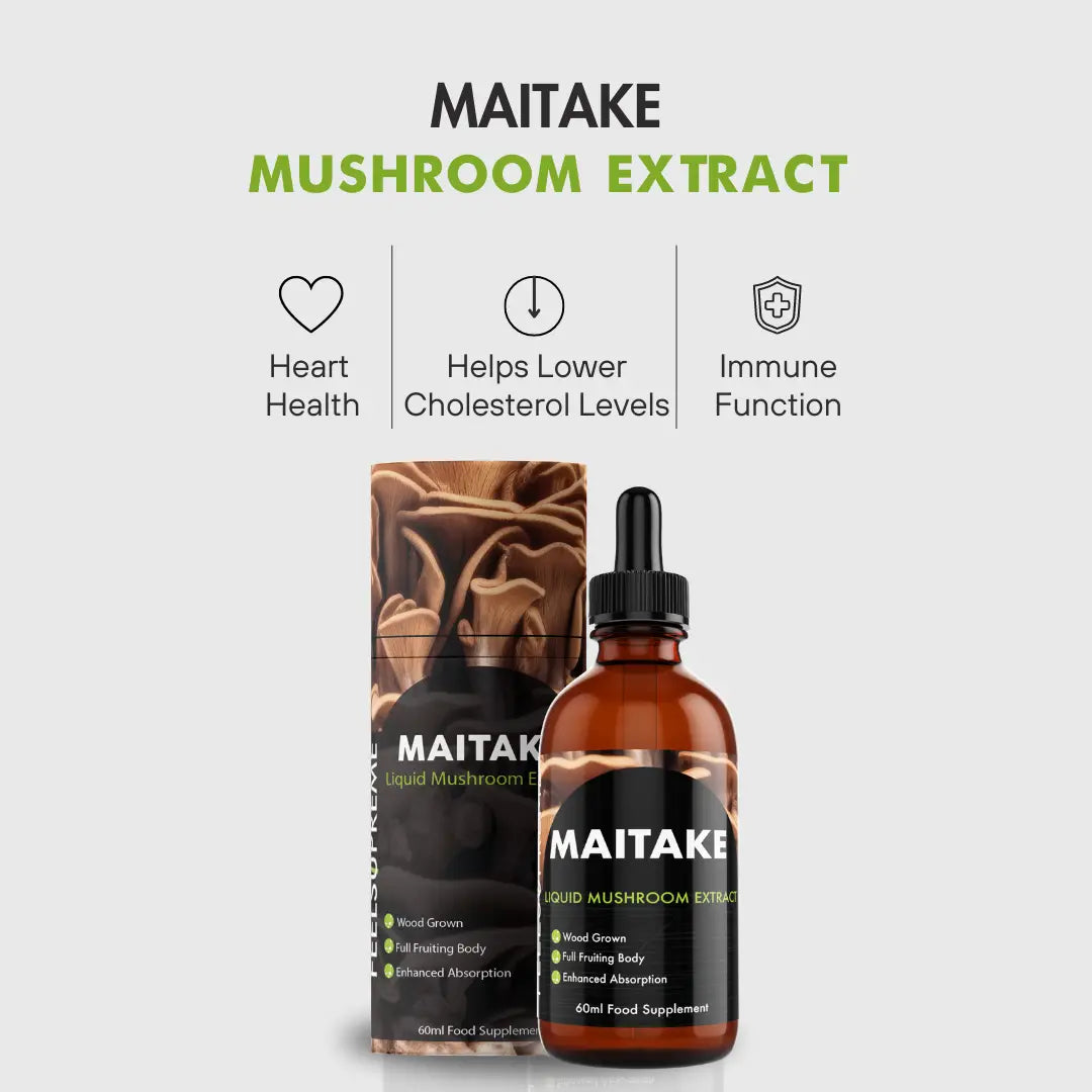Nahrungsergänzung Maitake Pilzflüssigkeit von Feel Supreme zur Unterstützung des Herzens, Antioxidantien und Entzündungshemmung.