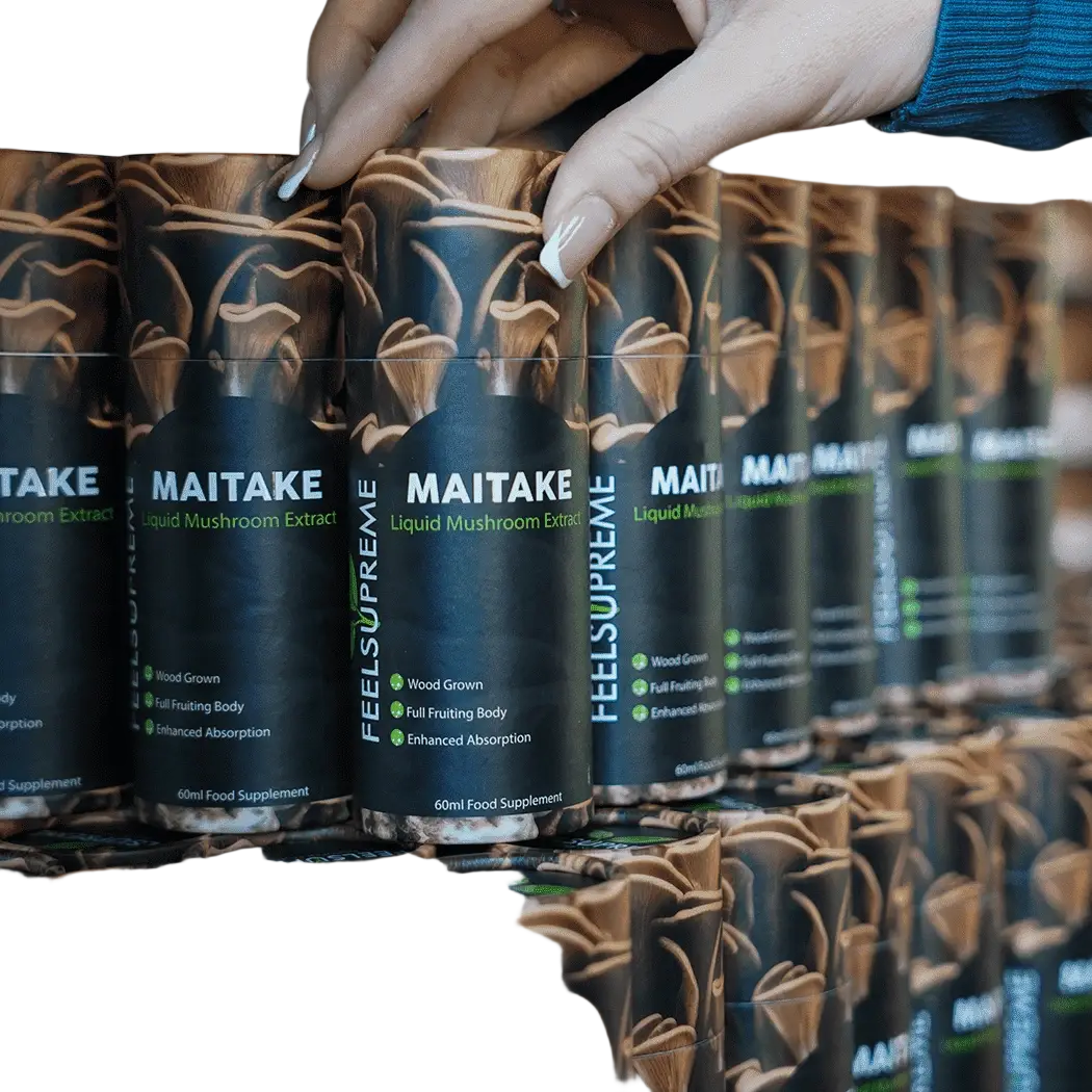 Nahrungsergänzung Maitake-Pilzflüssigkeit von Feel Supreme, fördert Herzgesundheit, Antioxidantien und Entzündungshemmung.