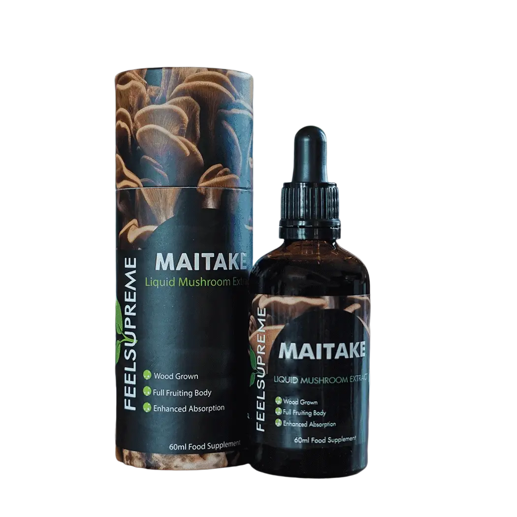 Maitake Pilzflüssigkeit von Feel Supreme zur Unterstützung des Herzens, antioxidativ und entzündungshemmend, in Flasche.