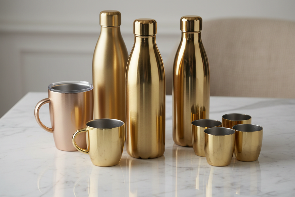 Elegante goldene und kupferne Trinkflaschen sowie Becher auf einem Marmortisch.
