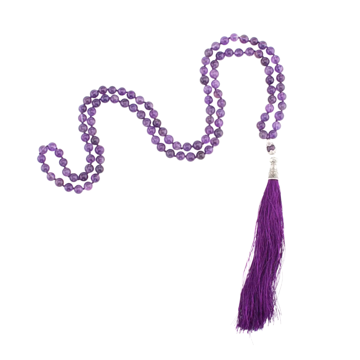 Lila Amethyst Mala mit 108 Perlen, Bodynova Schmuck, handgefertigtes Amethyst-Armband für Meditation und spirituelle Praxis
