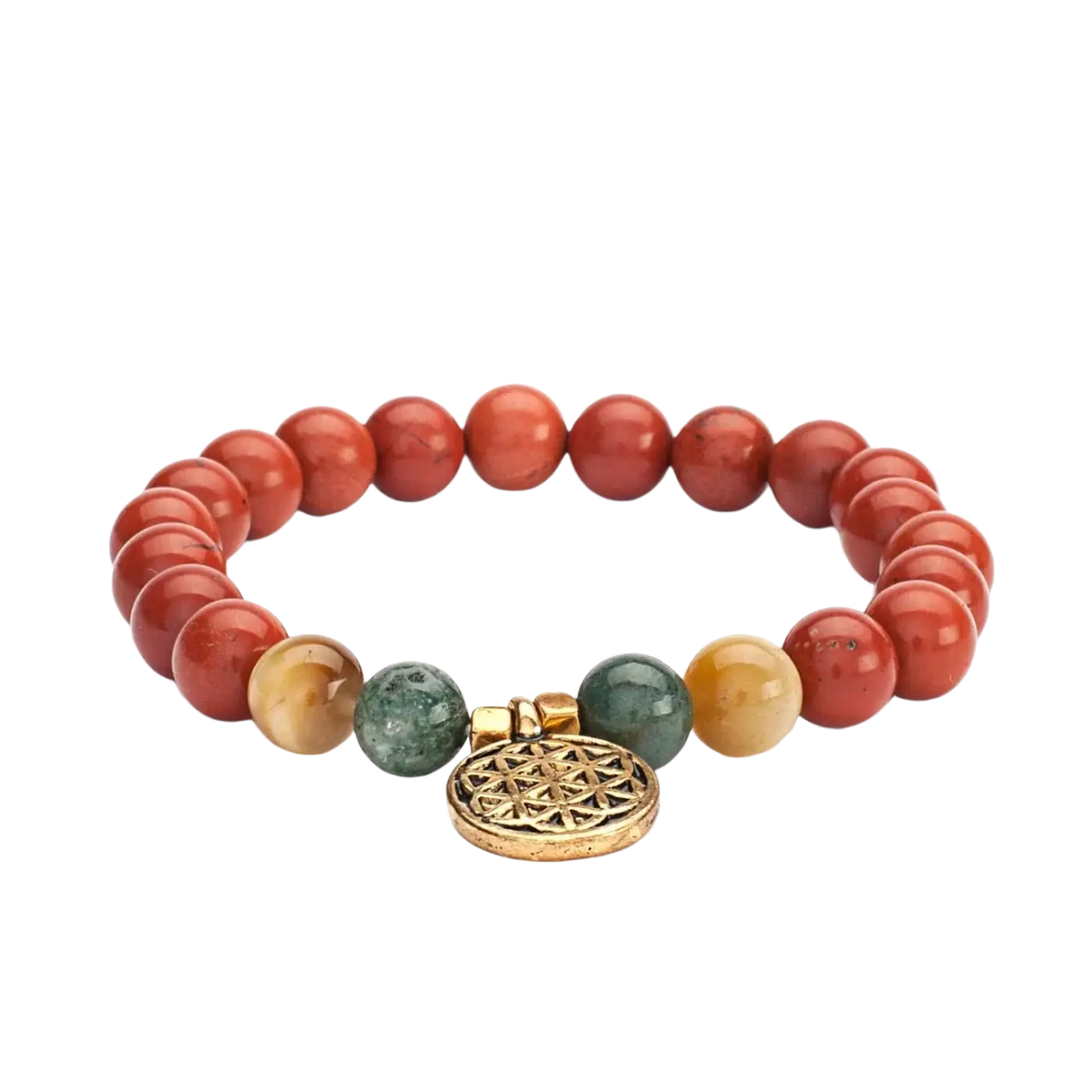 Mala Armband aus rotem Jaspis, Moosachat und Tigerauge mit goldfarbener Schmuckfassung von Bodynova, Naturstein-Design