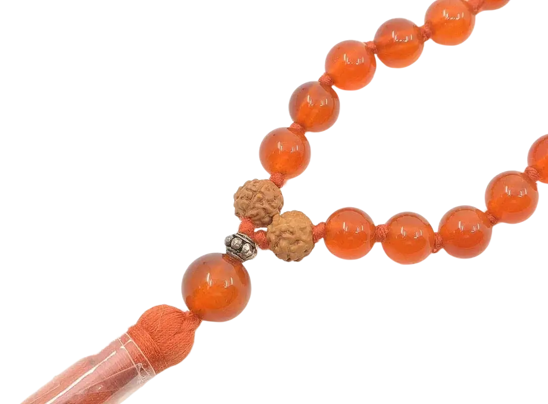 GangaPrem Mala aus Karneol und Carnelian, orange Achat-Perlen, handgefertigtes Schmuckstück für spirituelle Energie.