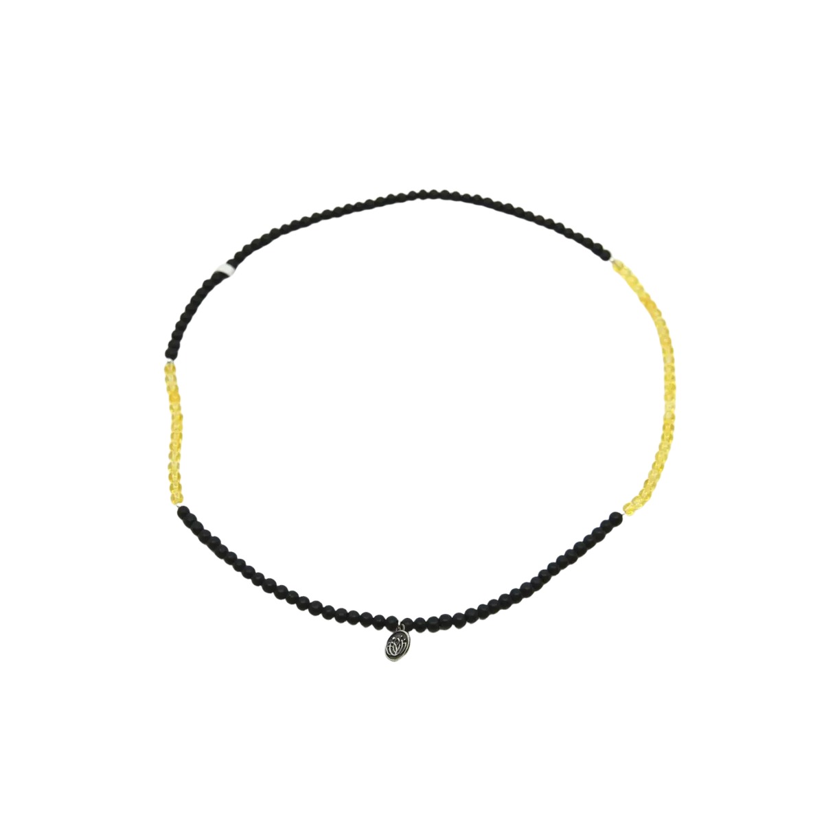 Kurzes Mala aus Ebenholz und Citrin, GangaPrem Schmuck, schwarze Perlen und goldene Akzente, handgefertigter Schmuck.