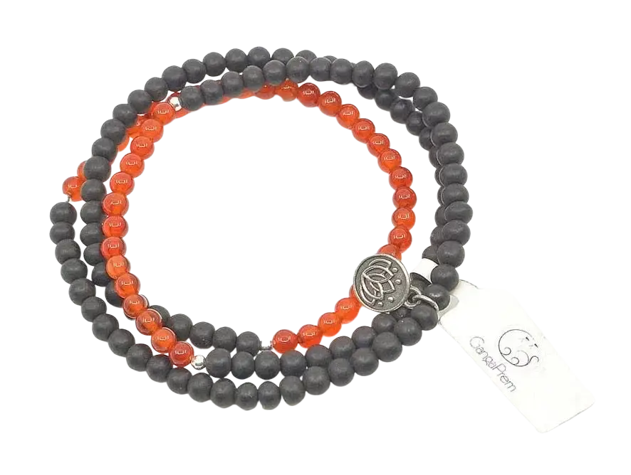 Kurzes Mala aus Ebenholz und Karneol, GangaPrem Schmuck, schwarze und orange Perlen, handgefertigtes Armband