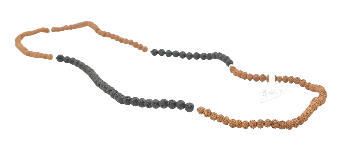 GangaPrem Mala-Kurz mit Rudraksha- und Lavastein-Perlen, Schmuck, handgefertigte Glasperlen, spiritueller Schmuck