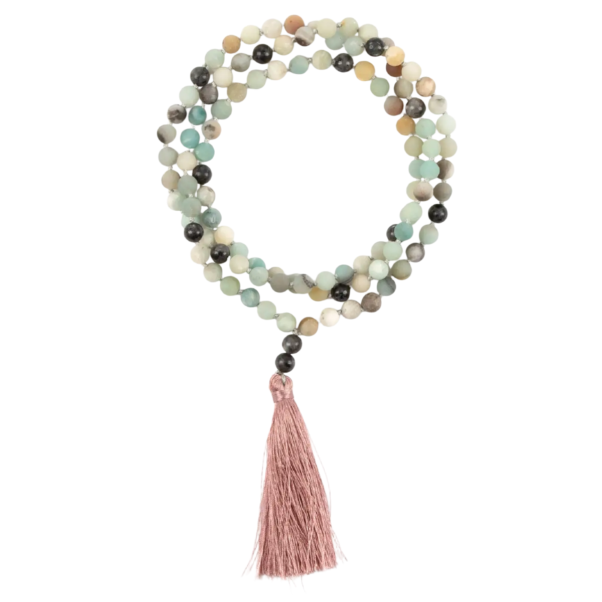 Mehrsträngige Mala Perlenkette mit Amazonit und Labradorit, eleganter Schmuck von Myga Eco, natürliche Edelstein-Perlen.
