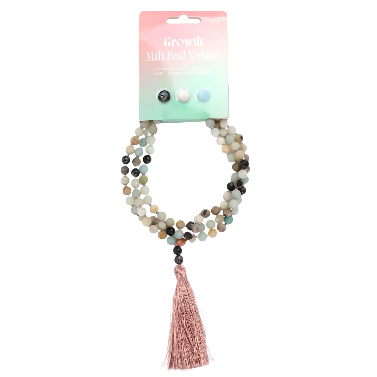 Mehrsträngige Mala Perlenkette aus Amazonit von Myga Eco, handgefertigt, mit glatten Kugeln, für spirituelle und meditative Zwecke.