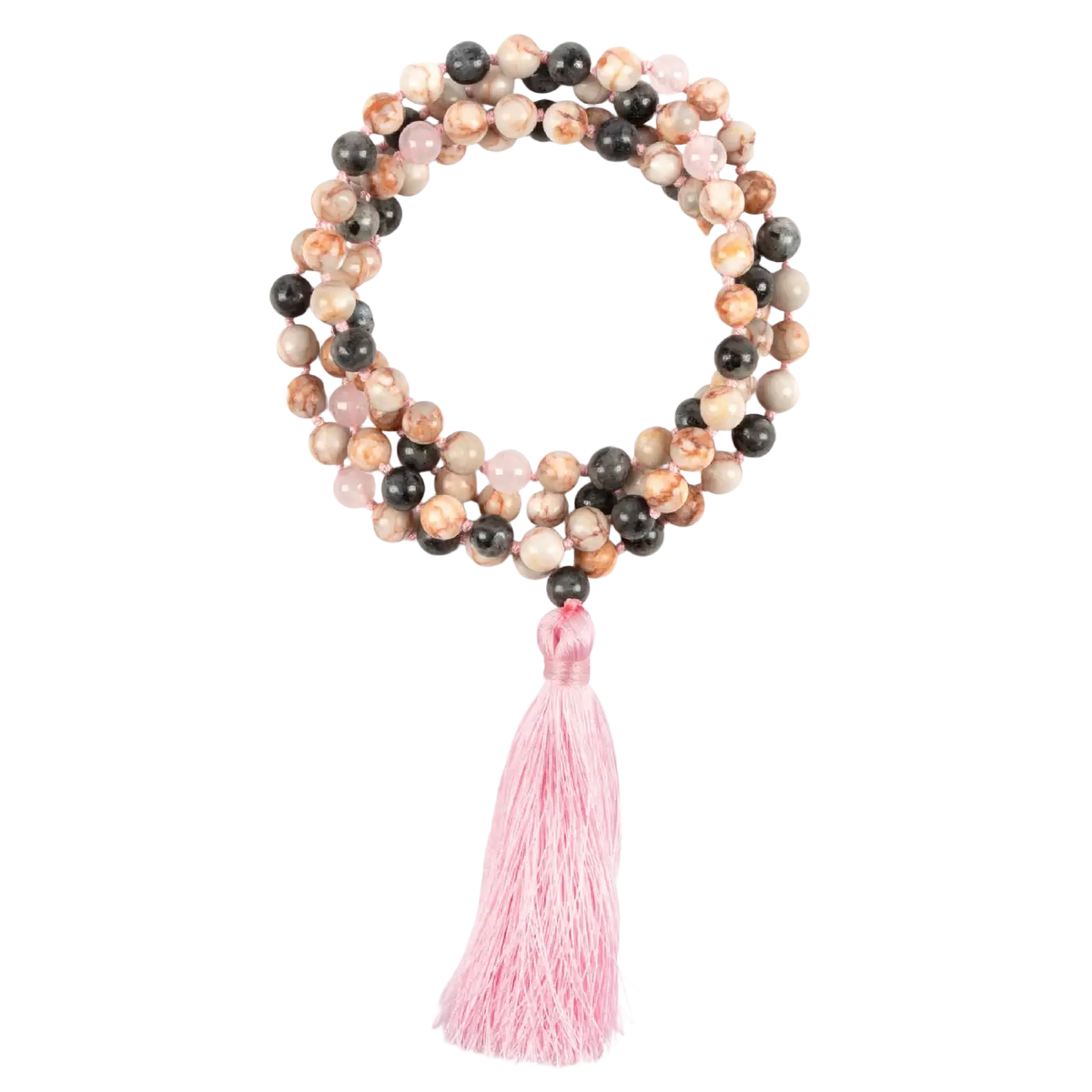 Elegante Mala Perlenkette aus Labradorit und Rosenquarz, handgefertigter Schmuck von Myga Eco, für spirituelle Heilung und Stil.