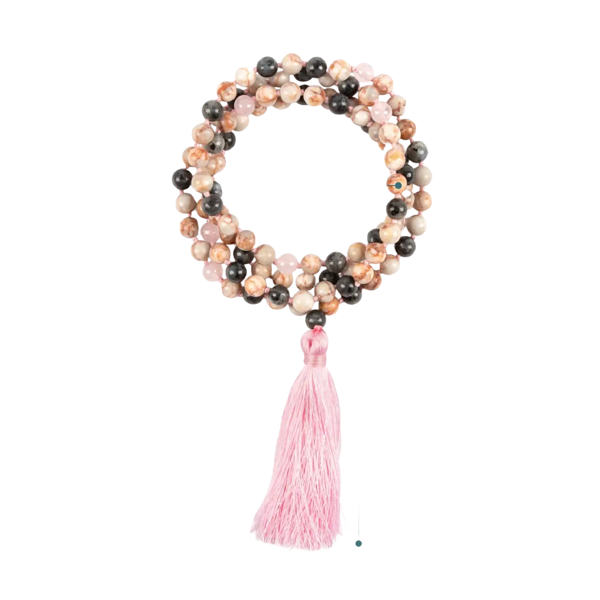 Mala Perlenkette mit Labradorit und Rosenquarz, handgefertigter Schmuck von Myga Eco, feine Armband-Design
