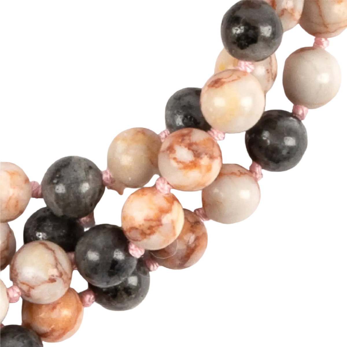 Mala Perlenkette aus Labradorit und Rosenquarz, handgefertigter Schmuck von Myga Eco, mit bunten Perlen und Schnur.